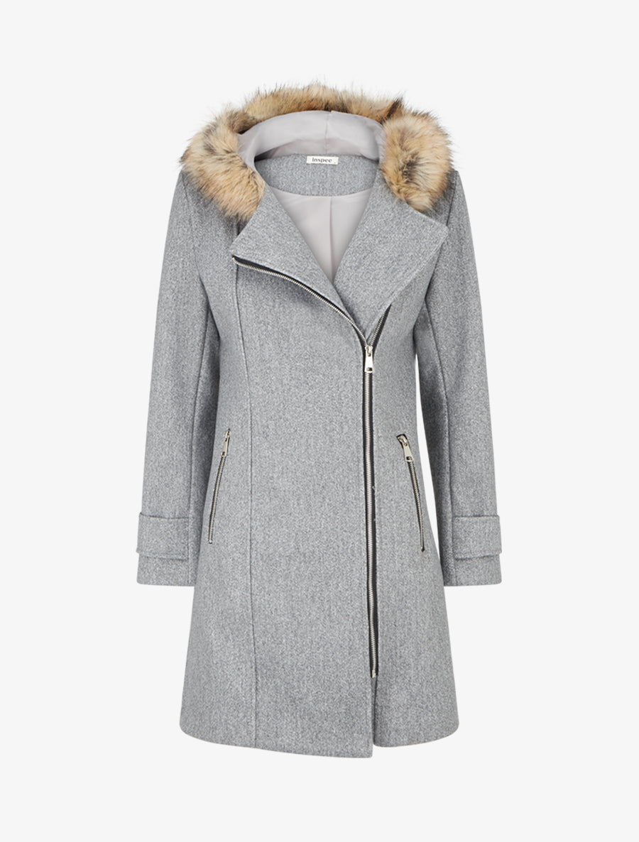 Manteau long à zip asymétrique avec fourrure sur la capuche - Gris - 1