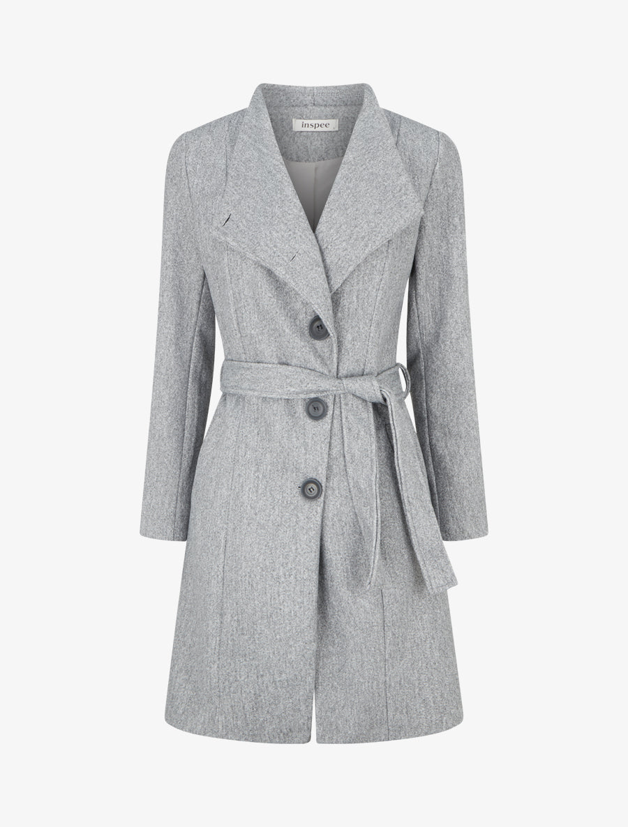 Manteau long boutonné ceinturé à la taille - Gris - 1