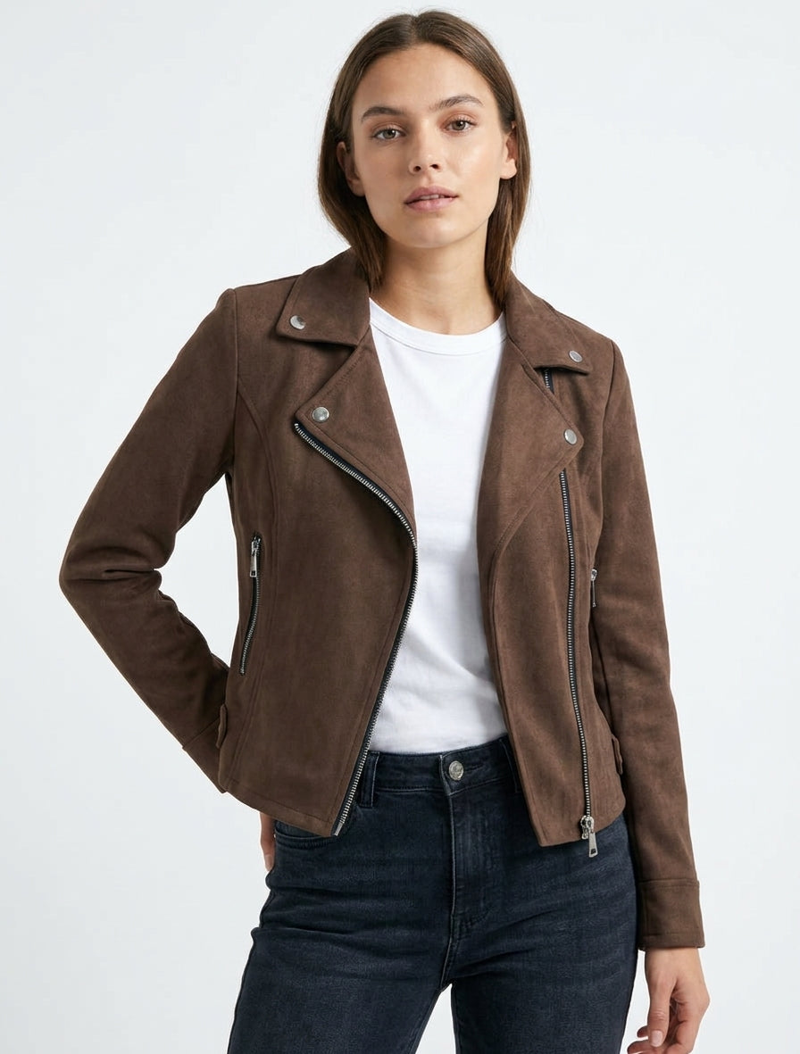Chaqueta de gamuza con cierre de cremallera - Marrón
