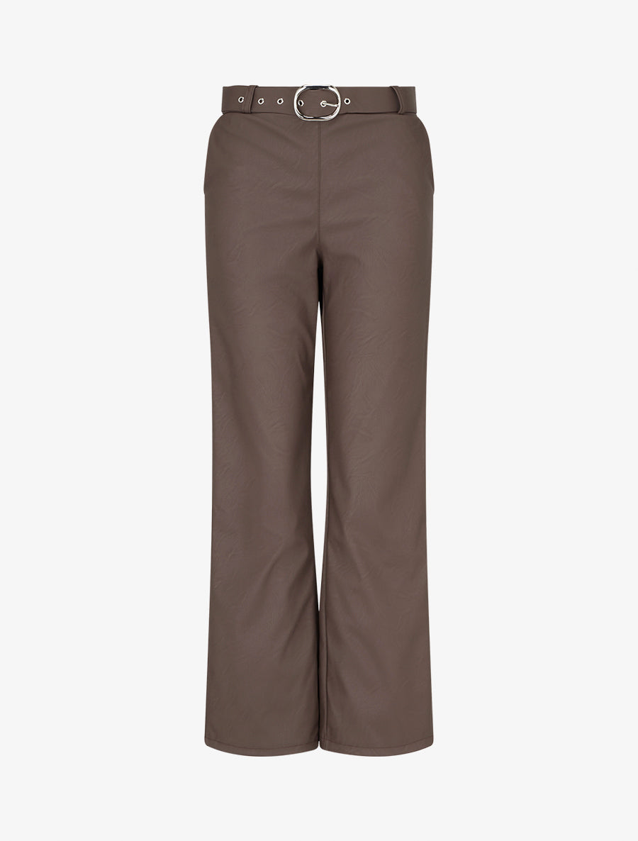 Pantalon droit uni en simili - Marron - 1