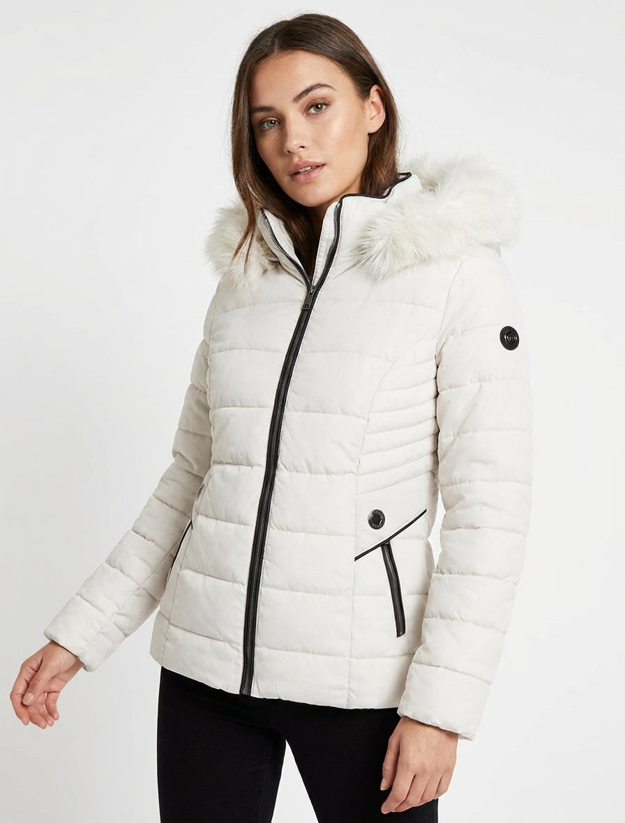 Chaqueta acolchada con capucha de piel - Blanco