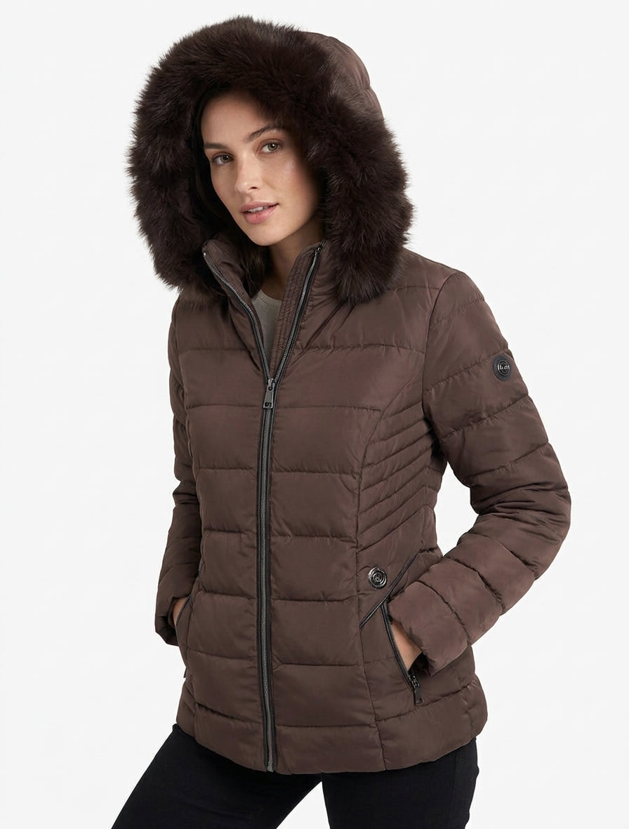 Chaqueta con capucha de piel - Marrón