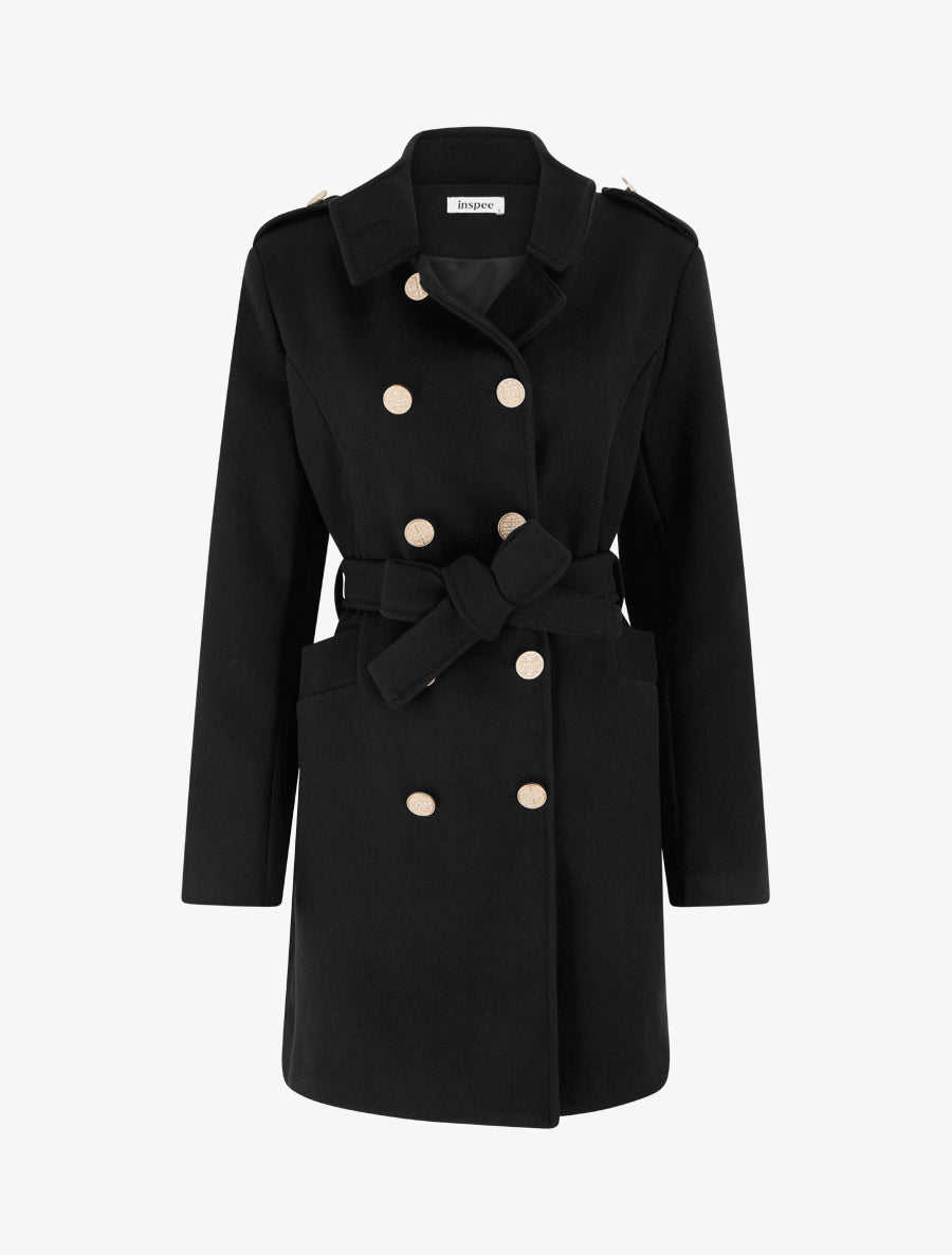 Manteau style officier en laine mélangée - Noir - 1