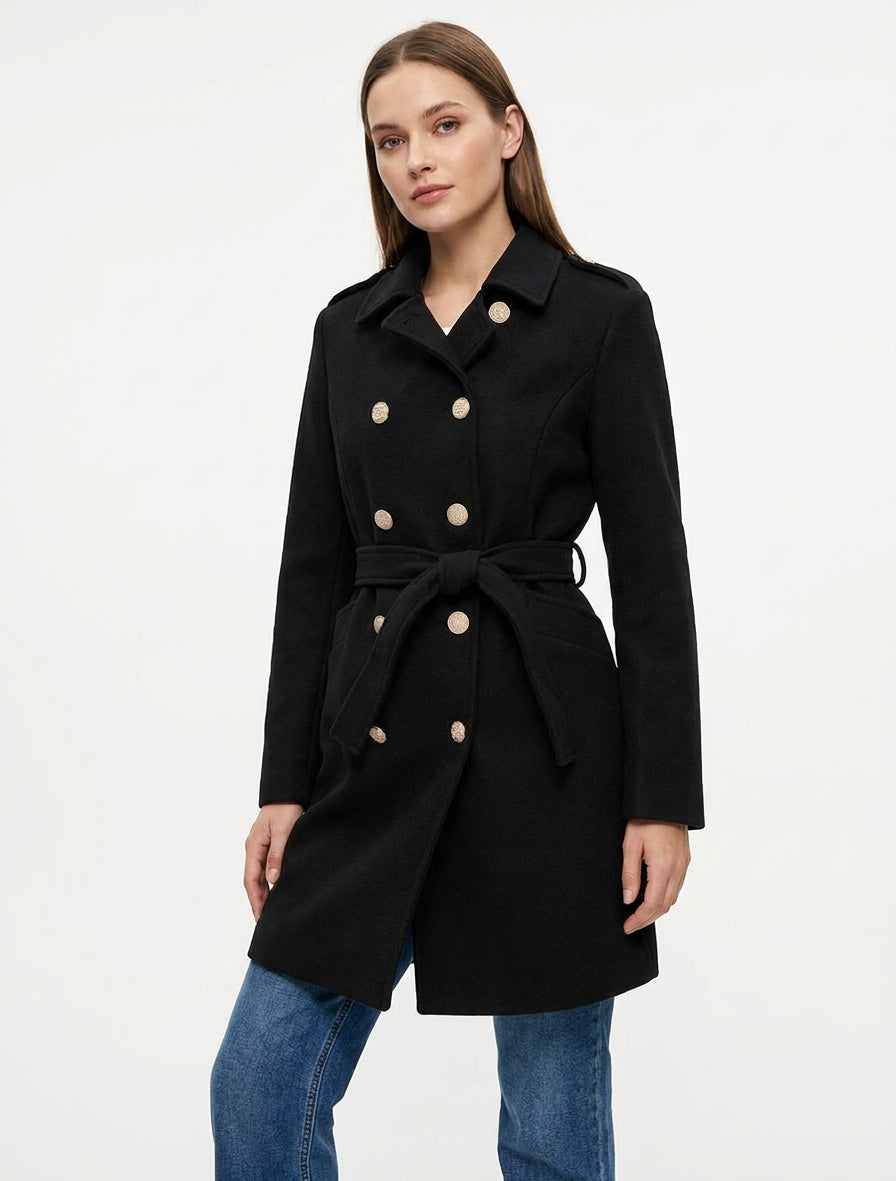 Abrigo estilo oficial en mezcla de lana - Negro