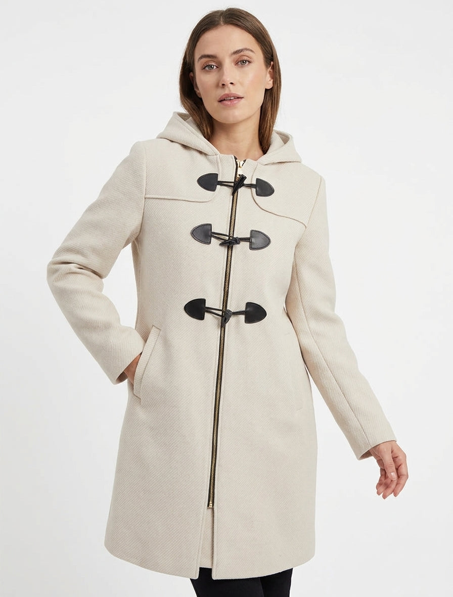 Abrigo tipo duffle-coat liso con capucha - Crema