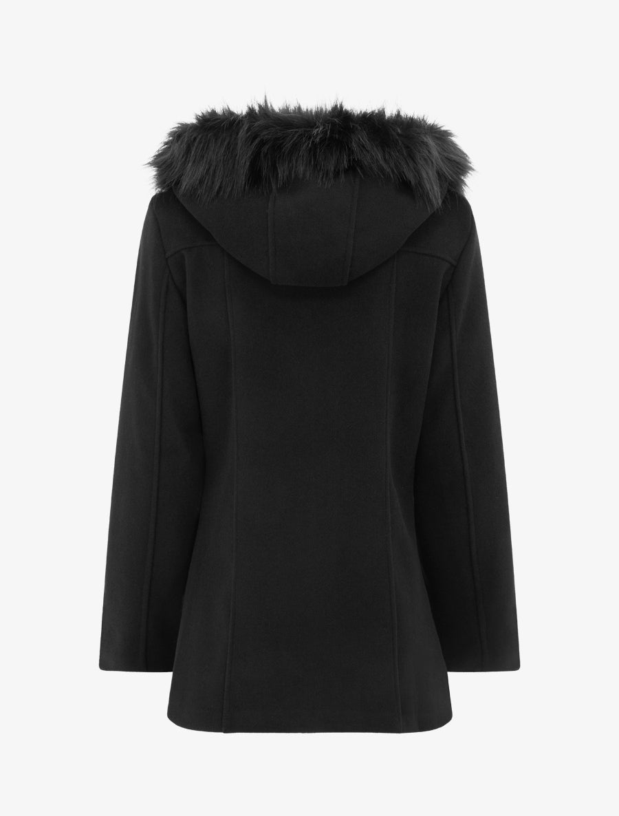 Manteau mi-long à zip asymétrique et capuche en fourrure - Noir - 2