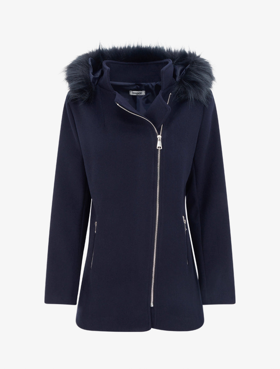 Manteau mi-long à zip asymétrique et capuche en fourrure - Marine - 1