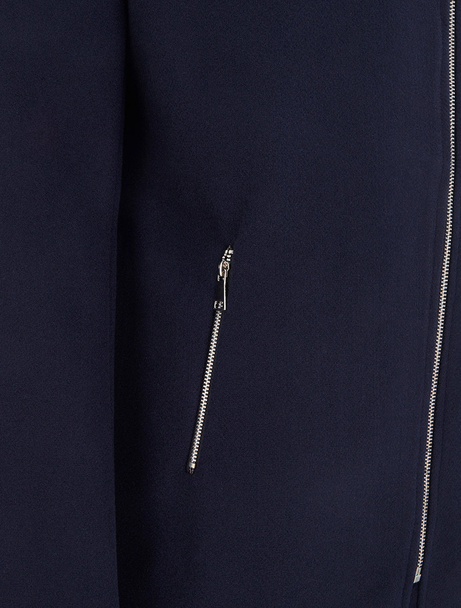 Manteau mi-long à zip asymétrique et capuche en fourrure - Marine - 3