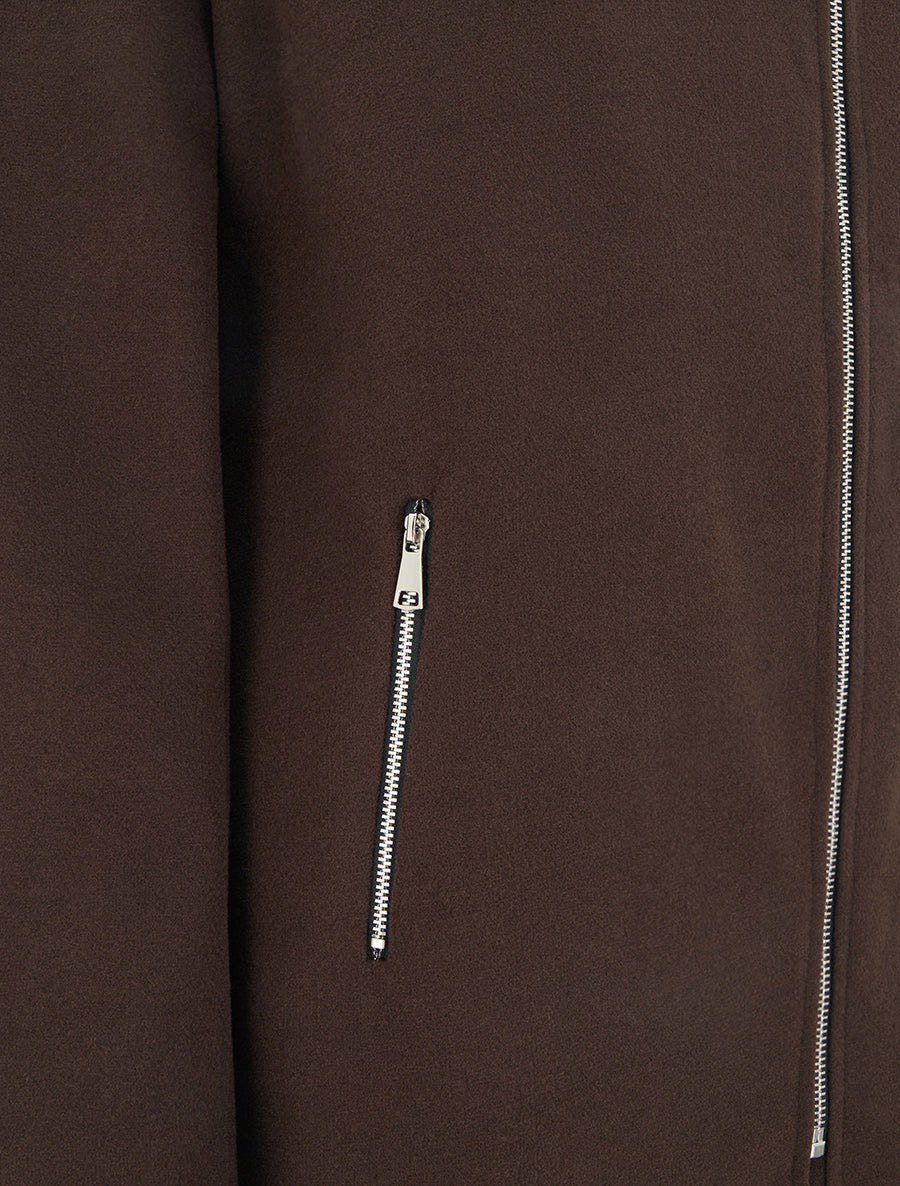 Manteau mi-long à zip asymétrique et capuche en fourrure - Marron - 3