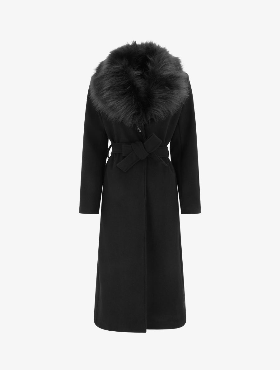 Manteau long ceinturé à fourrure synthétique amovible - Noir - 1