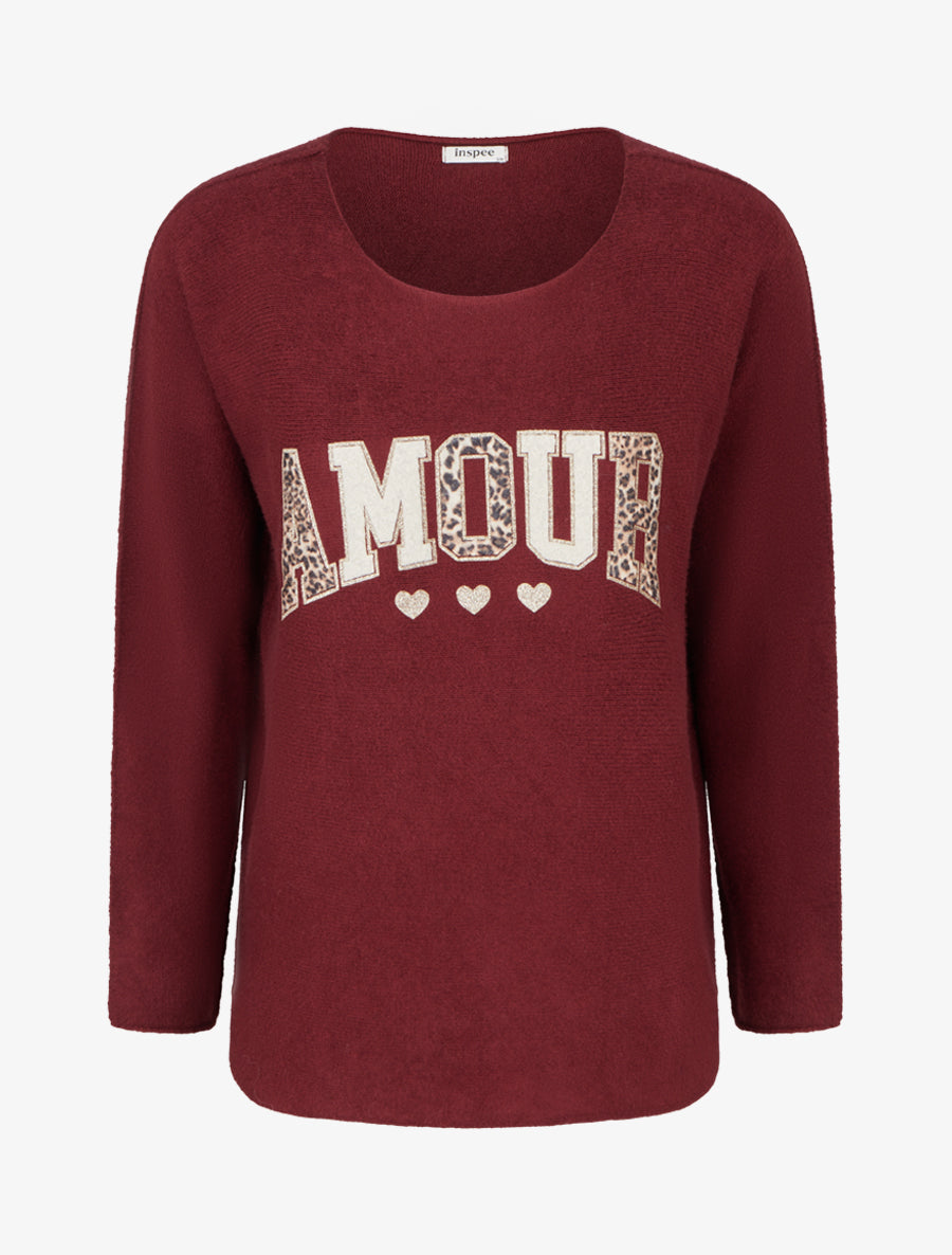 Pull uni floqué à col rond - Bordeaux - 1