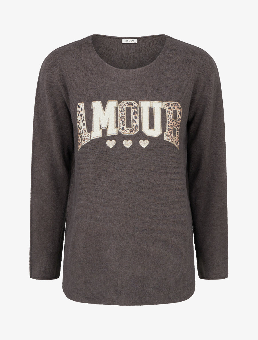 Pull uni floqué à col rond - Taupe foncé - 1