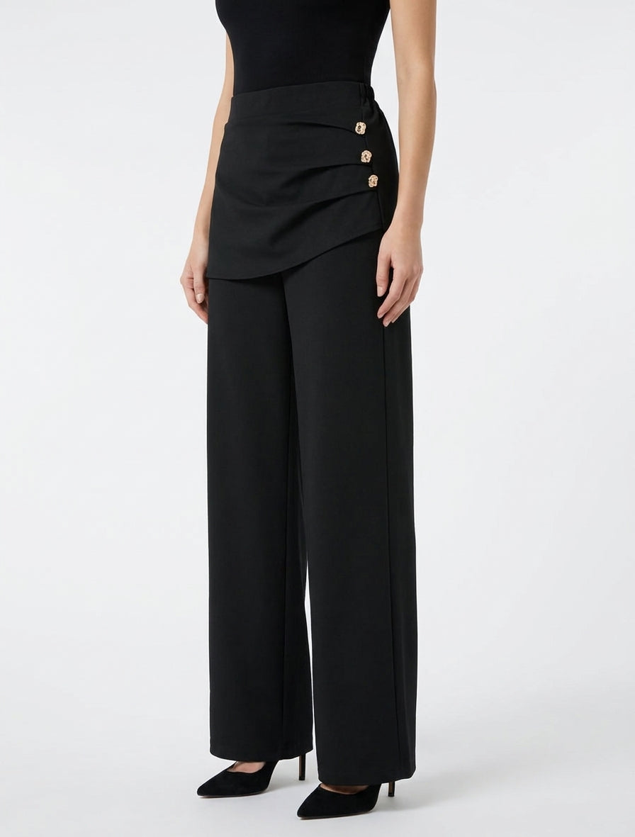 Pantalón ancho de talle alto y drapeado - Negro