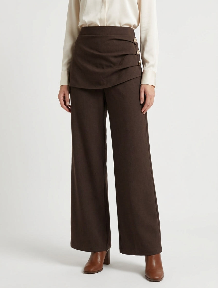 Pantalón ancho de talle alto y drapeado - Marrón