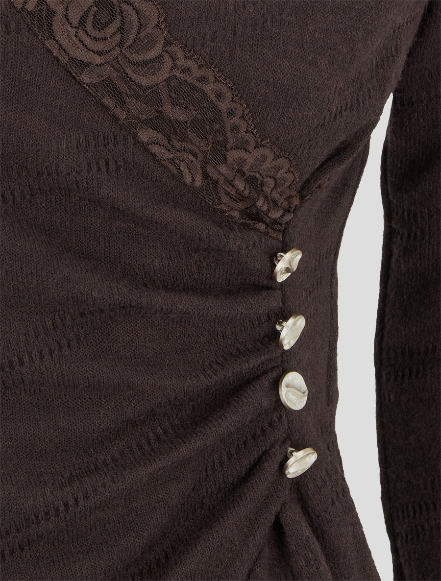 Pull fin à col V en dentelle - Marron - 3