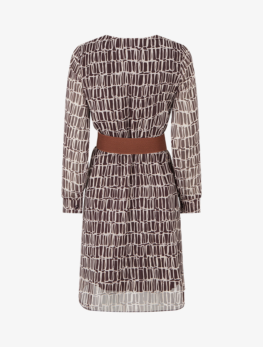 Robe mi-longue élastiquée imprimé graphique - Marron - 2