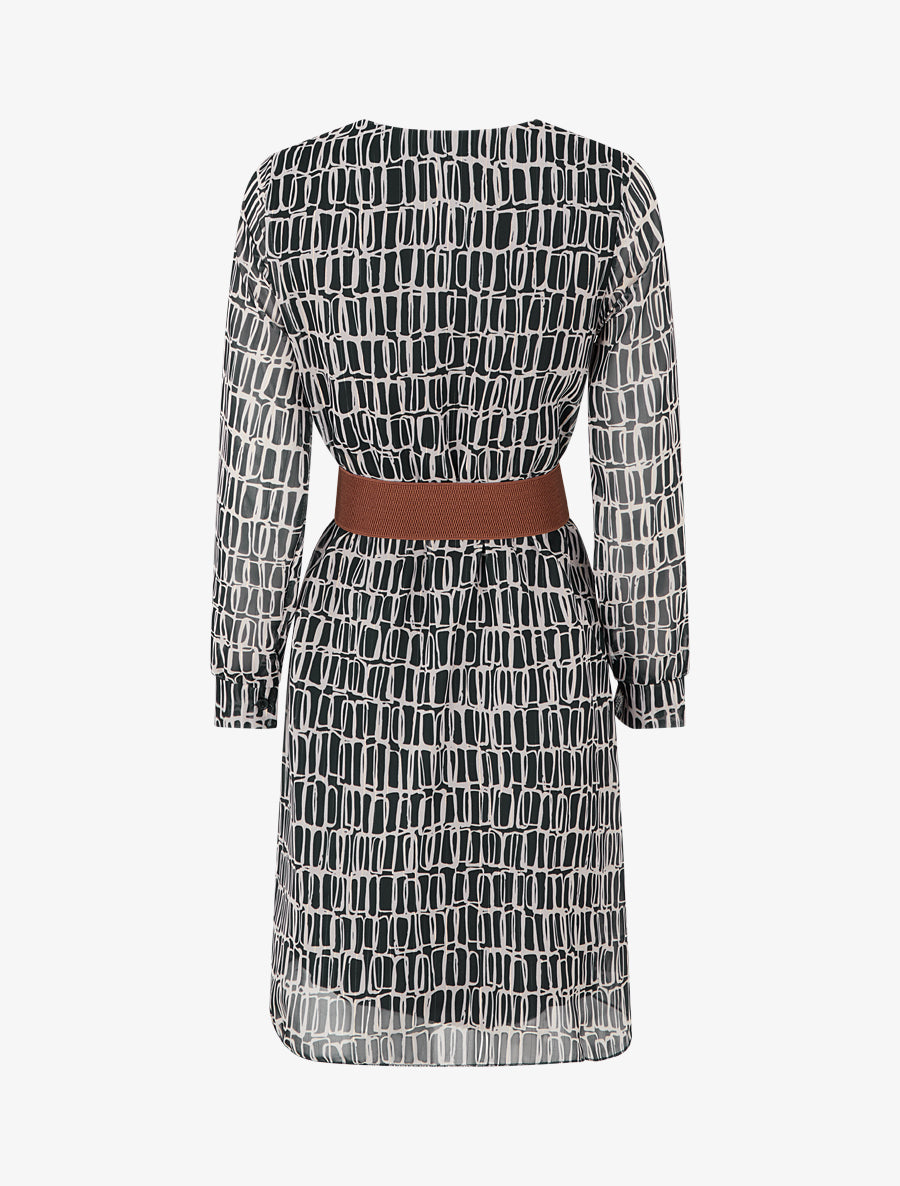 Robe mi-longue élastiquée imprimé graphique - Noir - 2