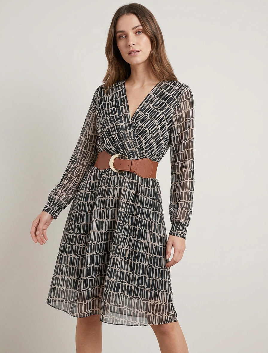 Vestido midi elástico con estampado gráfico - Negro
