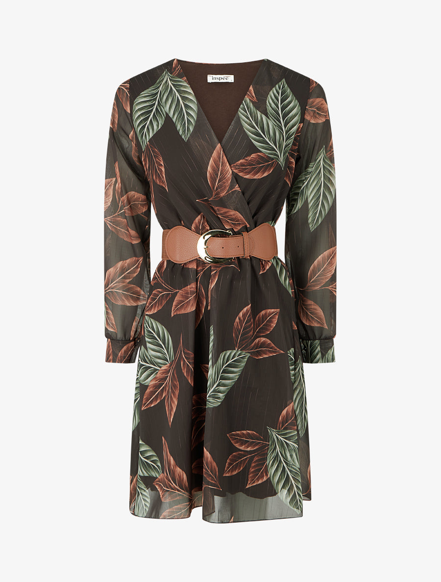 Robe mi-longue élastiquée imprimé feuilles - Marron - 1