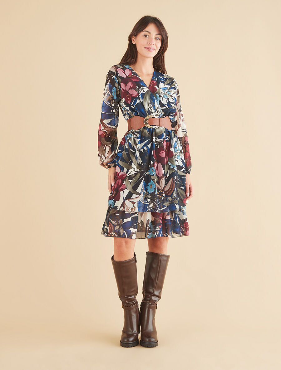 Robe à basque imprimé tropical - Marine - 4
