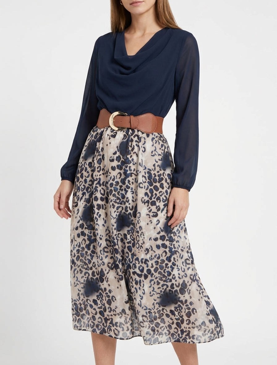 Vestido recto de leopardo con mangas largas - Marine