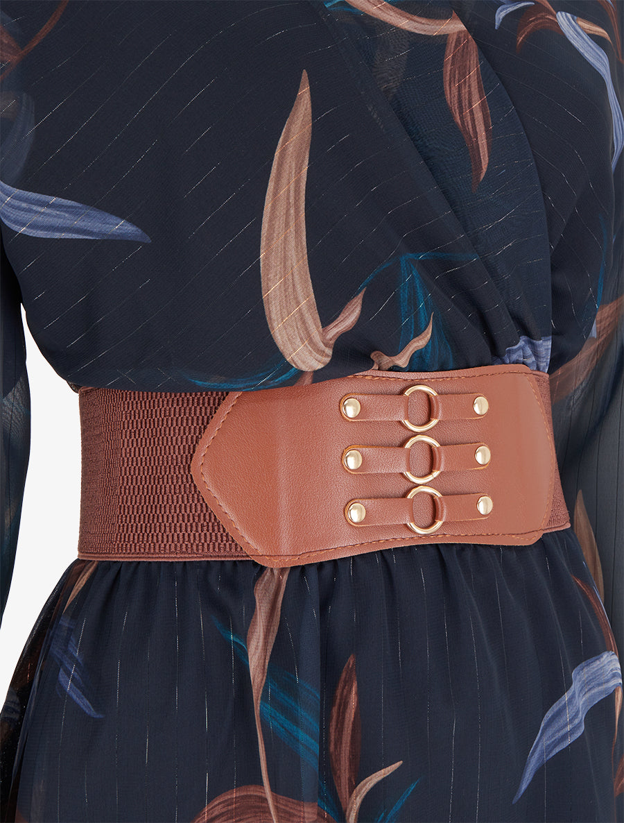 Robe longue imprimé feuilles à rayures irisées - Marine - 3