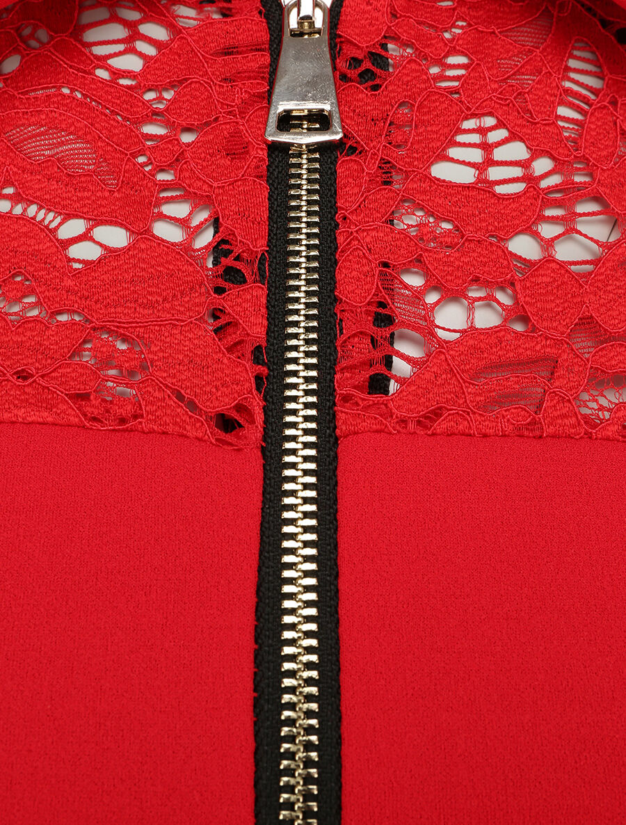 Robe patineuse unie à manches dentelle - Rouge - 3