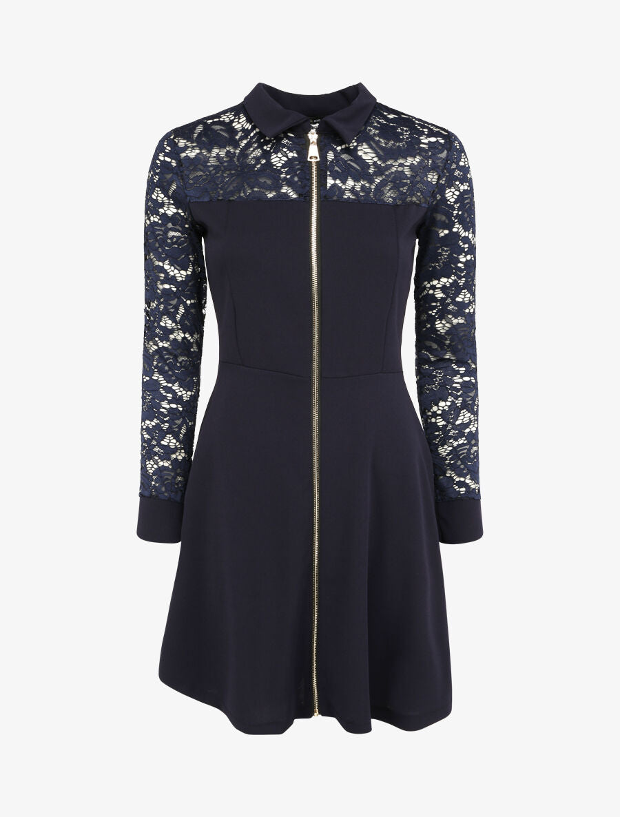 Robe patineuse unie à manches dentelle - Bleu nuit - 4
