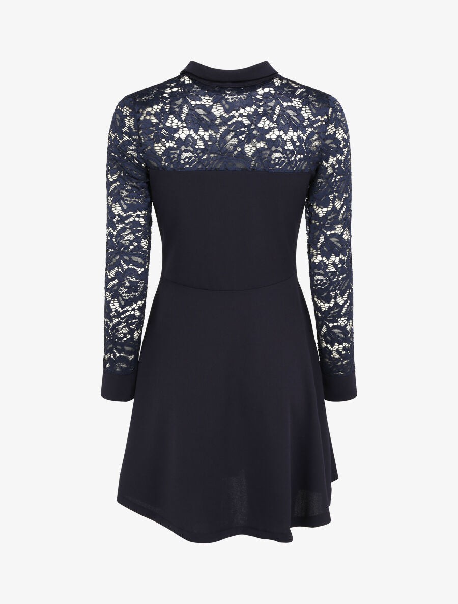 Robe patineuse unie à manches dentelle - Bleu nuit - 2