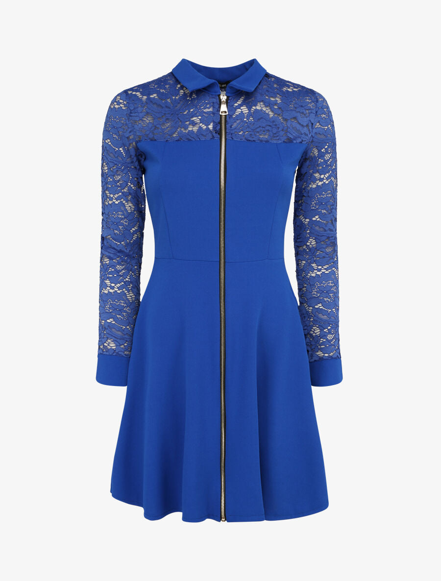 Robe patineuse unie à manches dentelle - Bleu électrique - 1