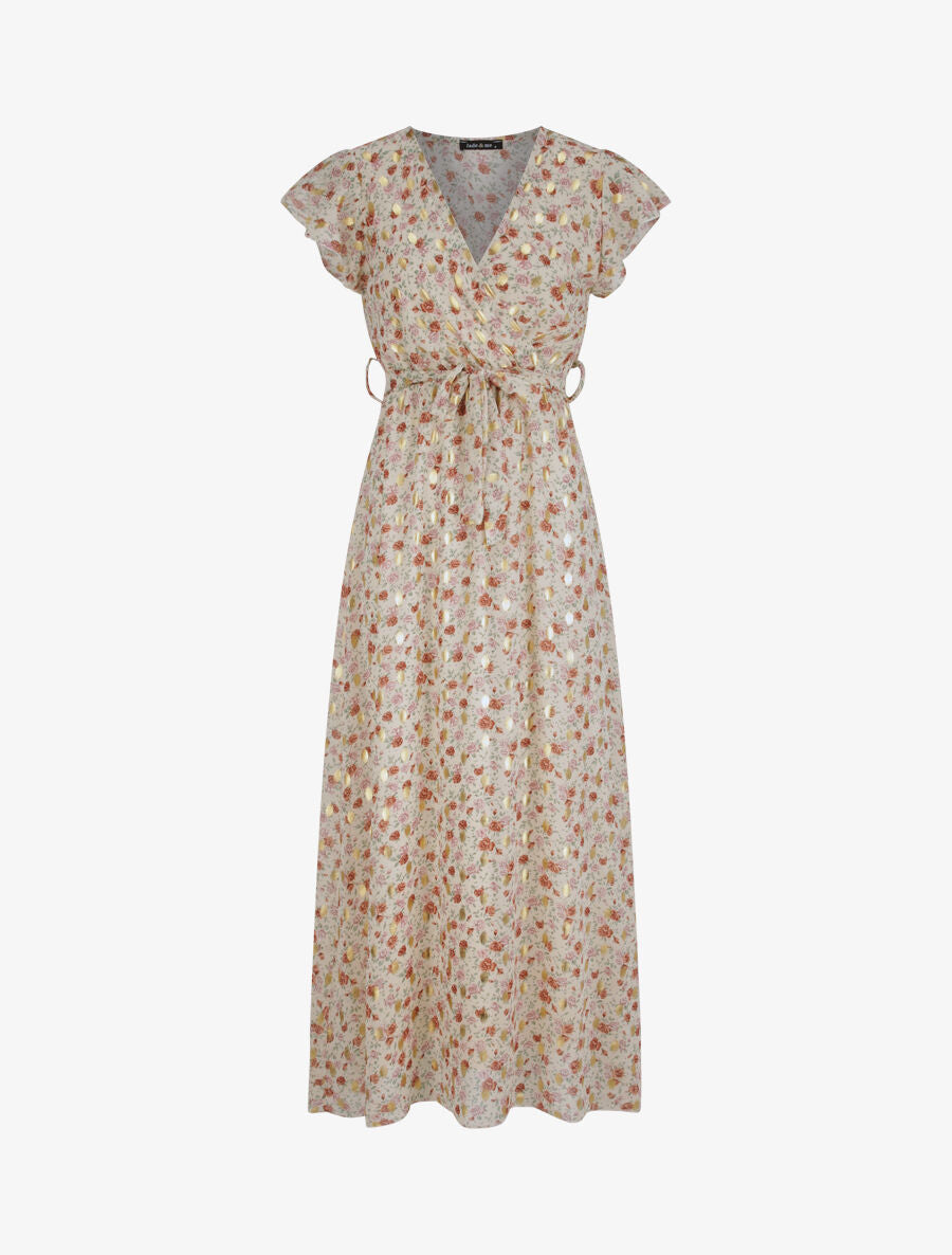 Robe longue cintrée imprimé roses irisées - Blanc - 1