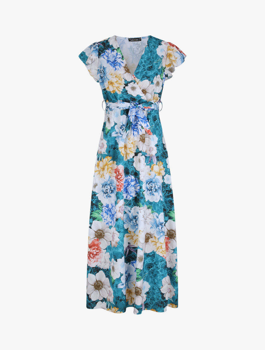 Robe longue cintrée imprimé pivoines stylisées - Bleu - 4