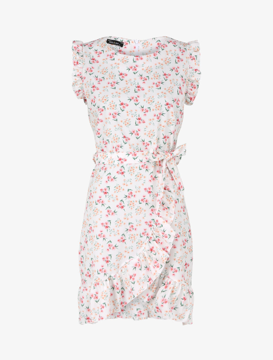 Robe imprimé fleurs des champs à bords volantées style portefeuille - Blanc - 1