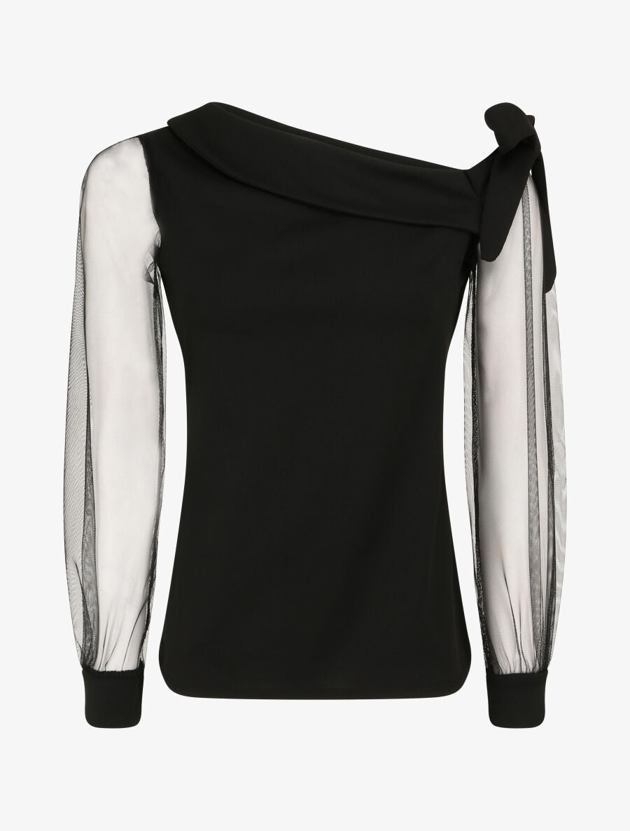 Top à manches en tulle et détail noeud - Noir - 1