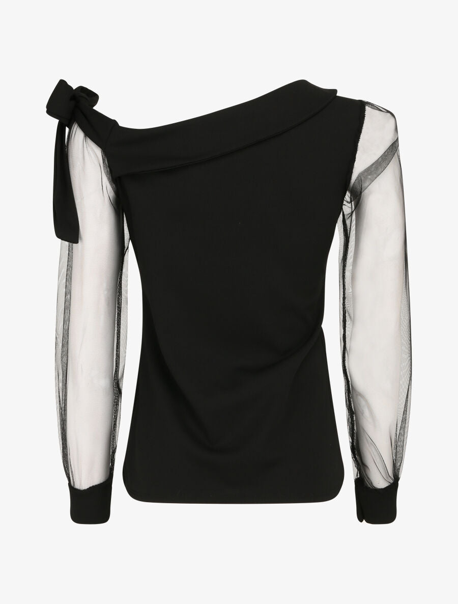 Top à manches en tulle et détail noeud - Noir - 2