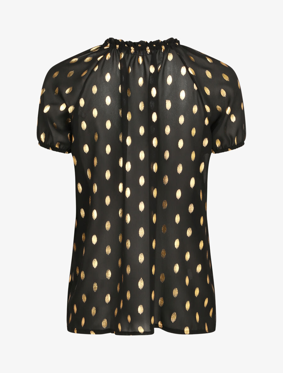 Top imprimé pois stylisés et irisés à col volanté - Noir - 2