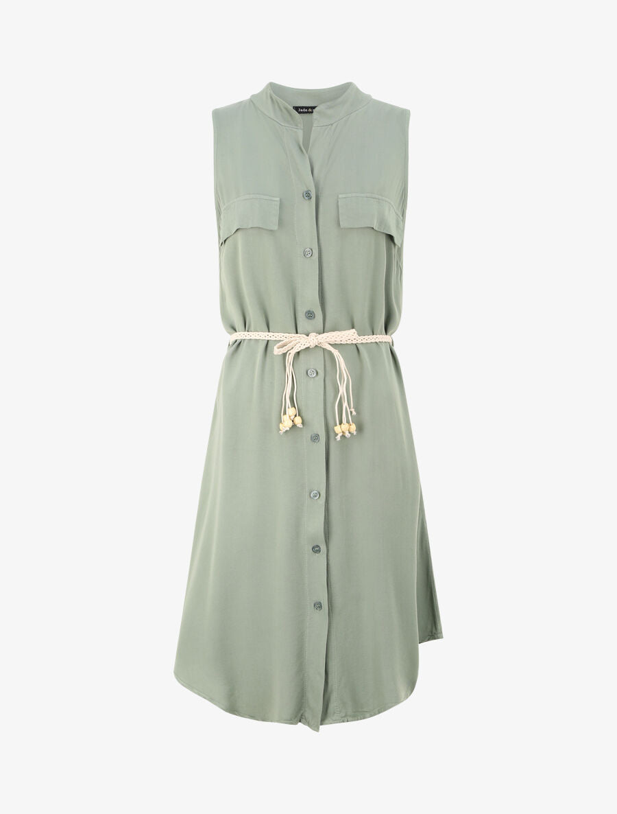 Robe chemise mi-longue unie à poches décoratives - Vert olive - 4