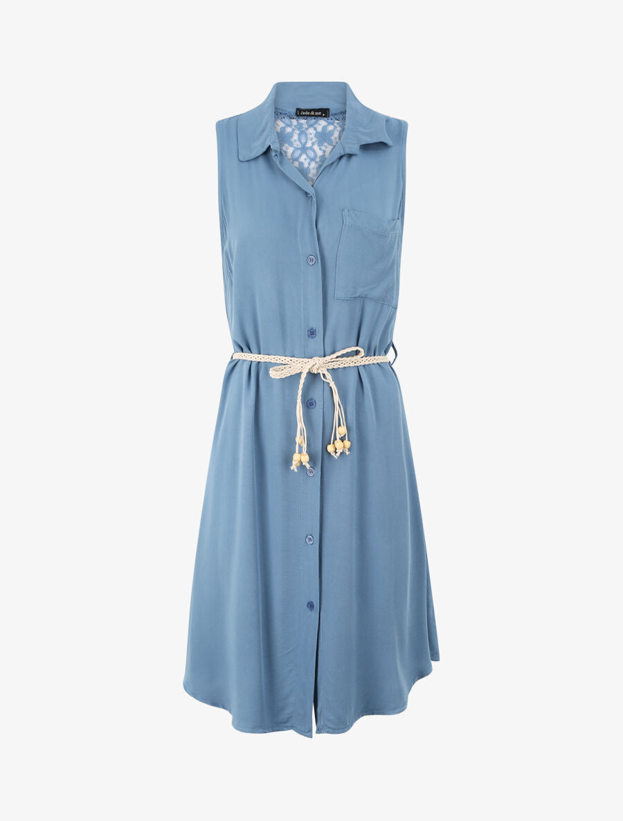Robe chemise mi-longue unie sans manches - Bleu - 1