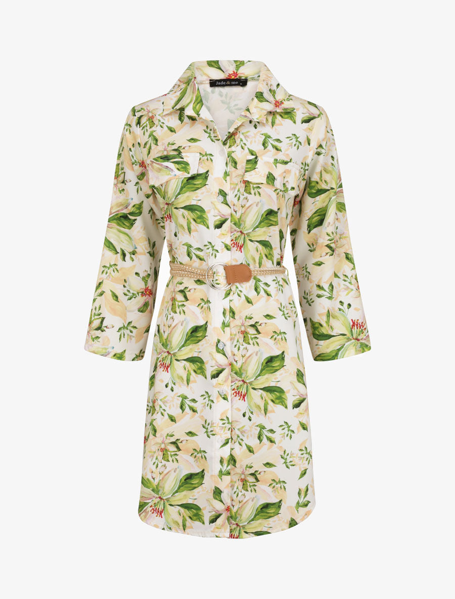 Robe chemise droite imprimé fleurs de lys - Blanc - 4