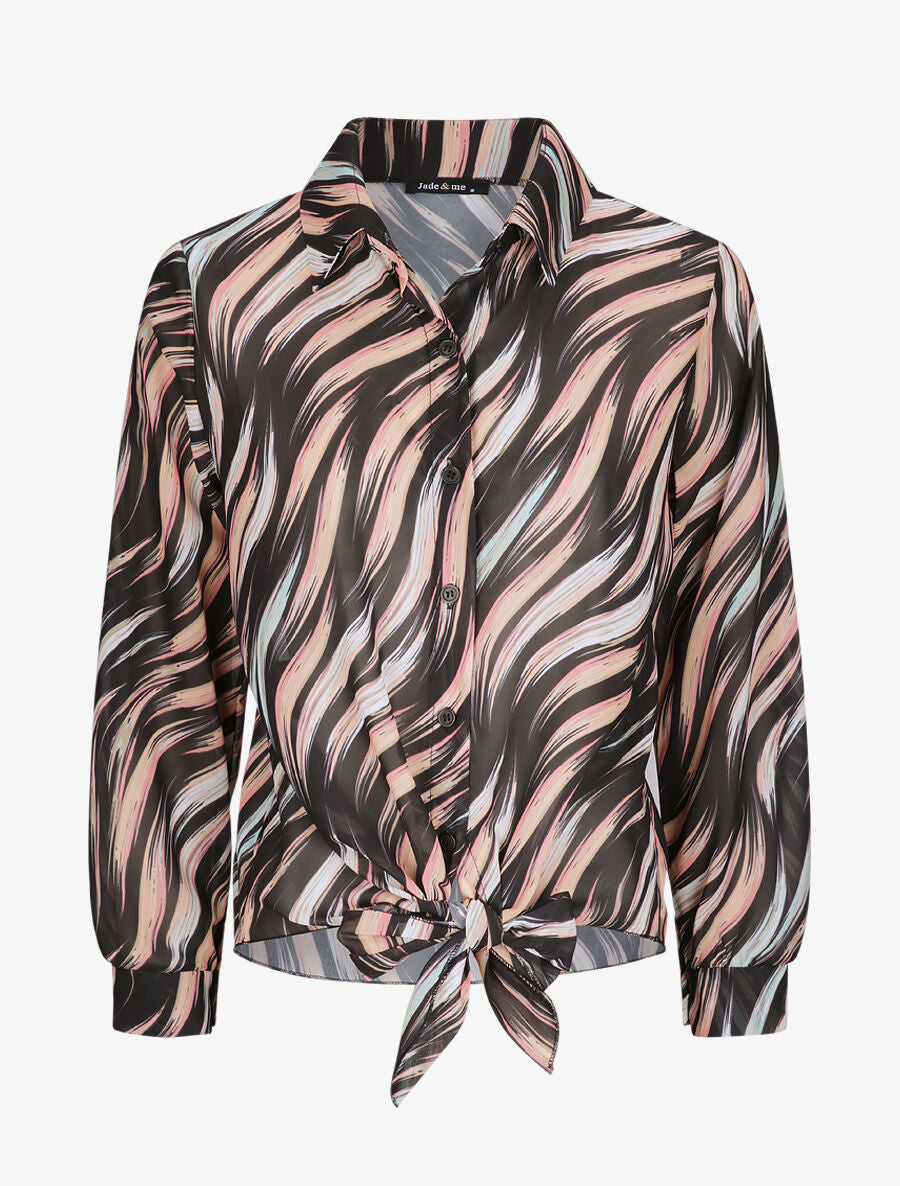 Chemise droite à nouer imprimé lignes stylisées - Noir - 5
