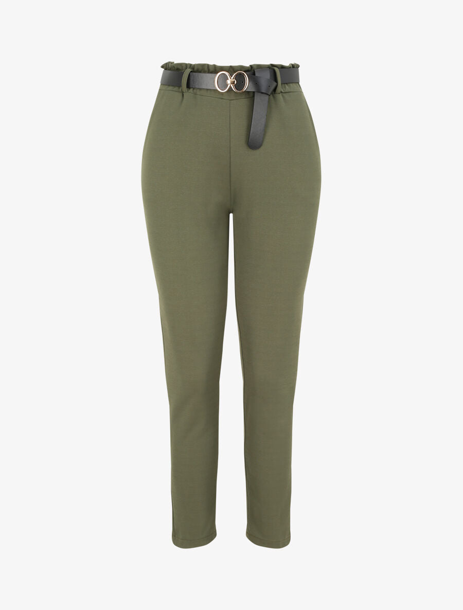 Pantalon droit uni à taille haute froncée - Kaki - 1