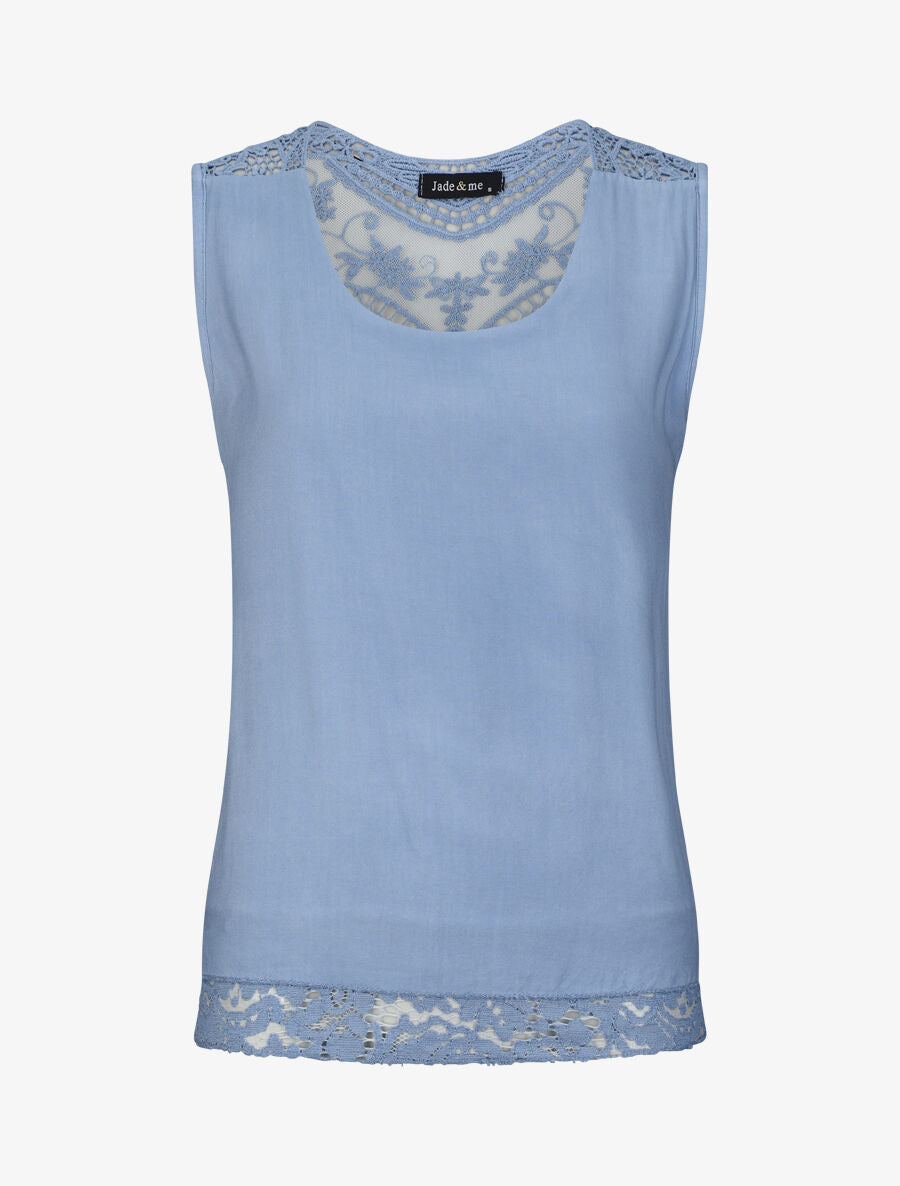 Top droit uni sans manches dos en dentelle - Bleu - 1
