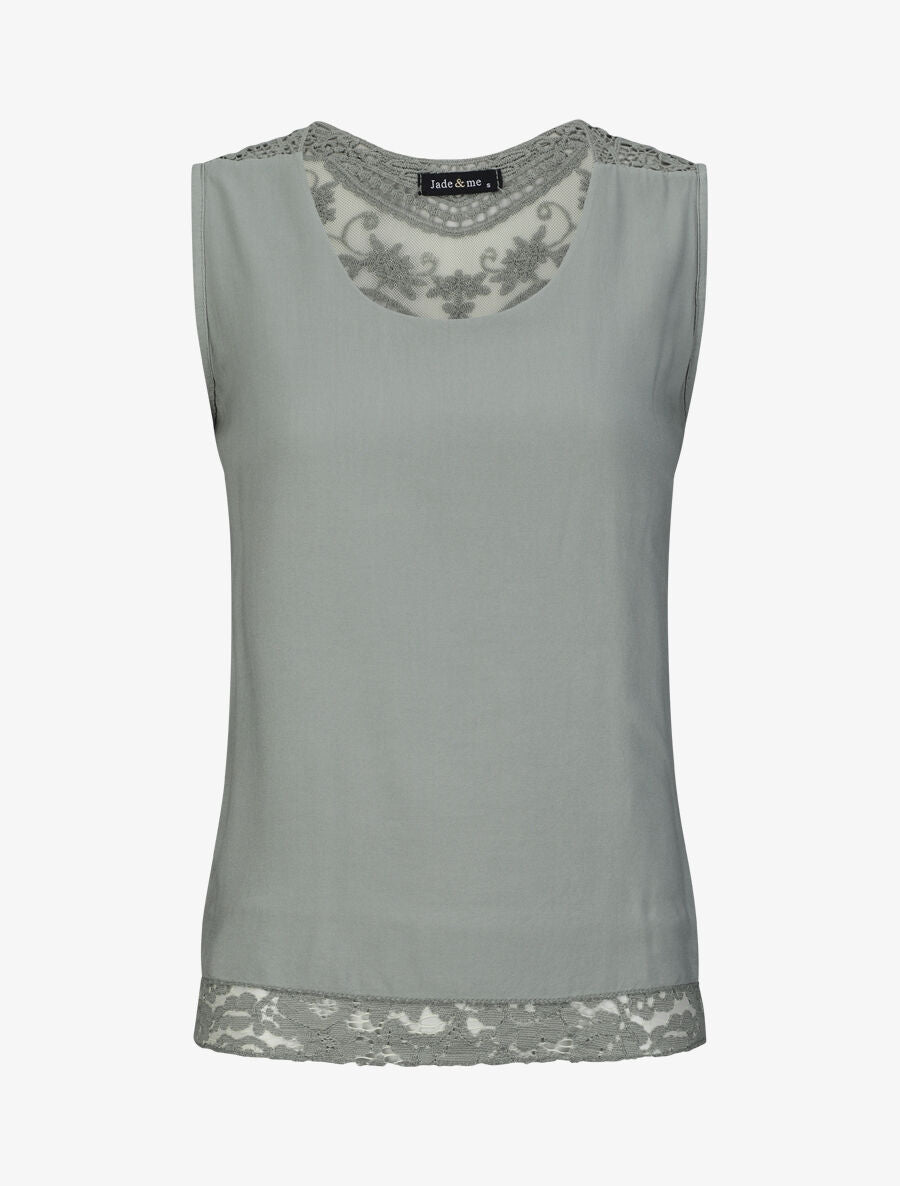Top droit uni sans manches dos en dentelle - Kaki - 4