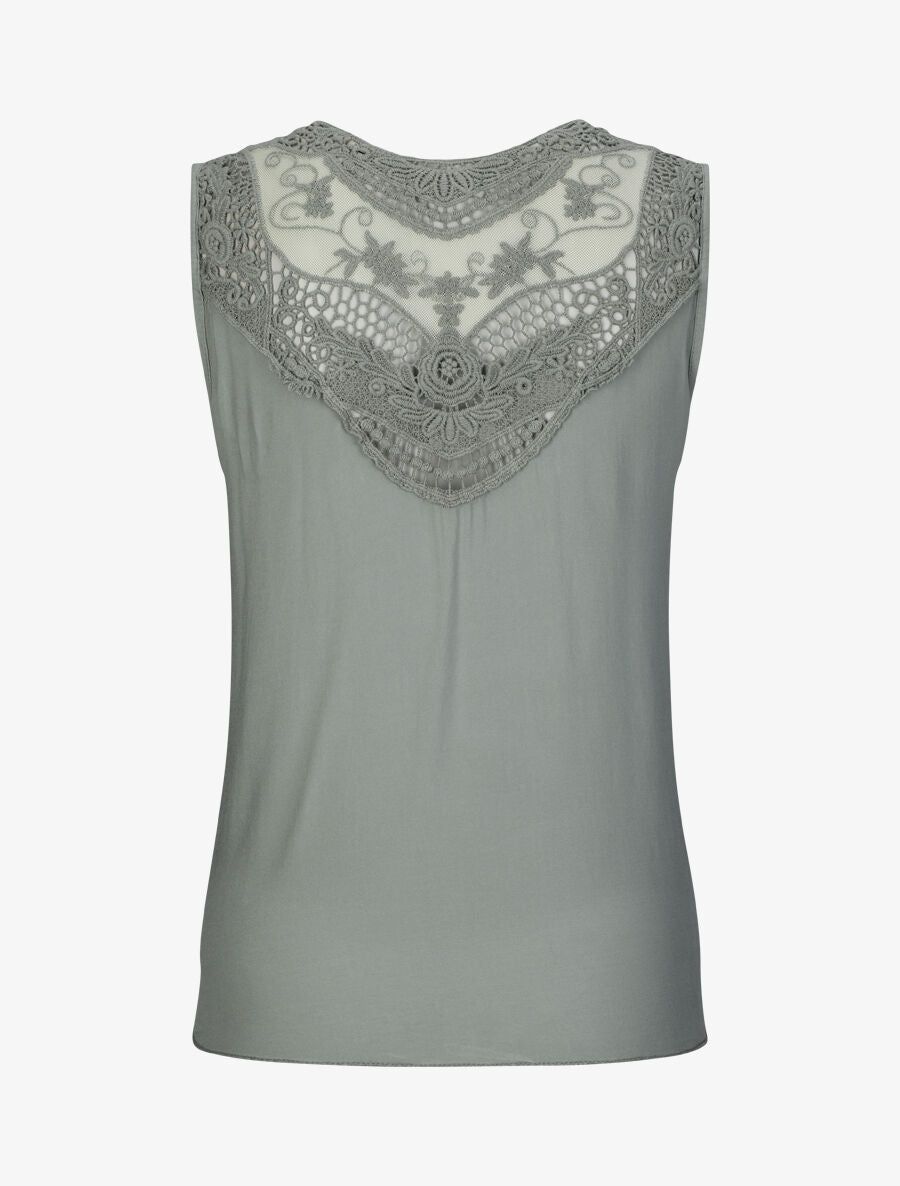 Top droit uni sans manches dos en dentelle - Kaki - 2
