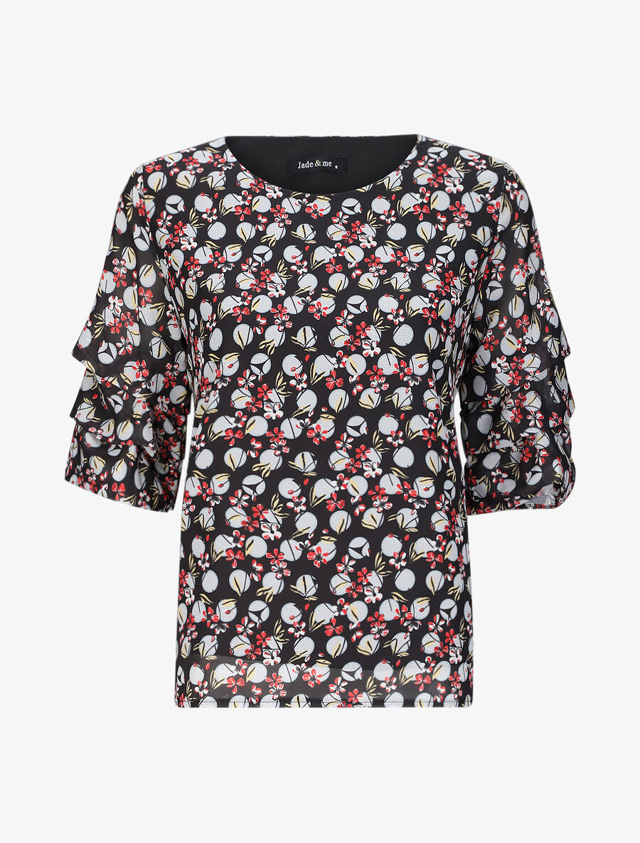 Top droit à manches volantées imprimé fleurs et pois - Noir - 1