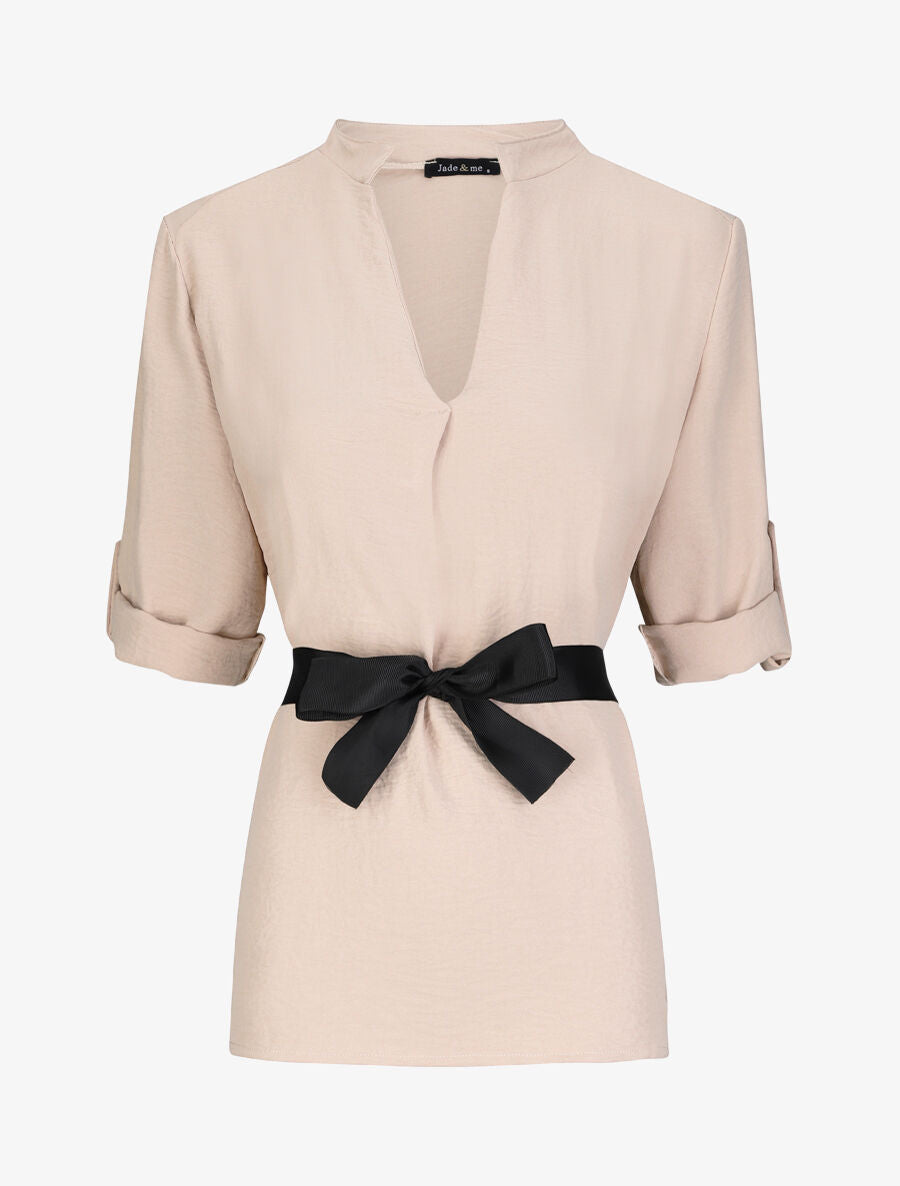 Blouse droite unie à manches 3/4 - Beige - 4
