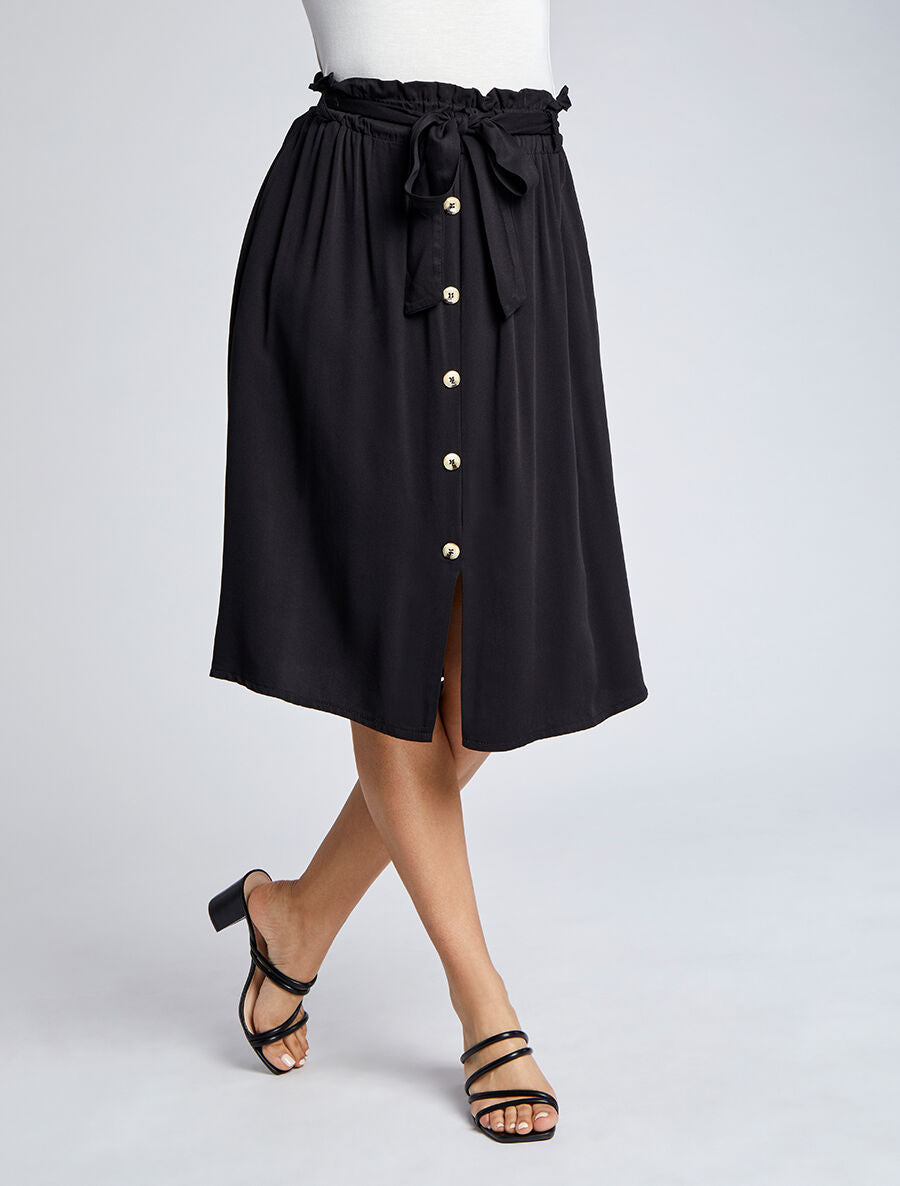 Jupe mi-longue évasée unie à taille froncée - Noir - 4