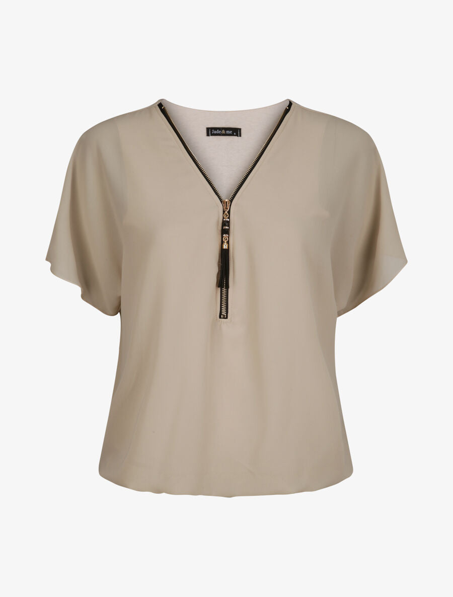Top boule uni à zip - Beige - 1