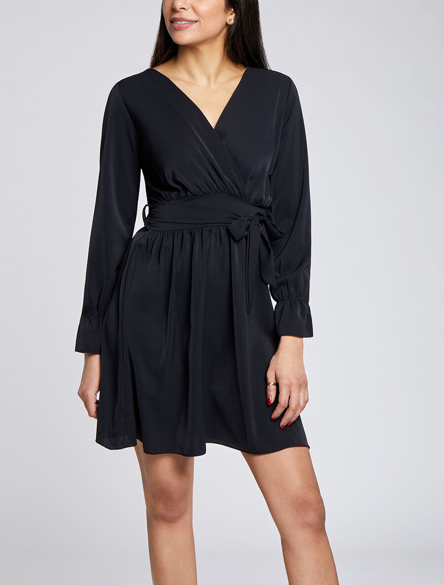Robe courte patineuse à col cache-coeur - Noir - 4