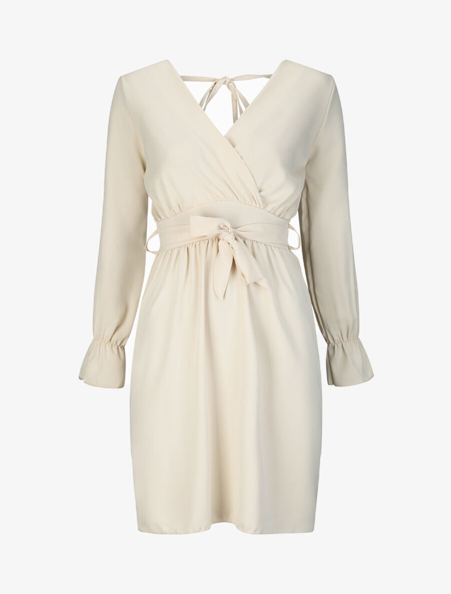 Robe courte patineuse à col cache-coeur - Beige - 1